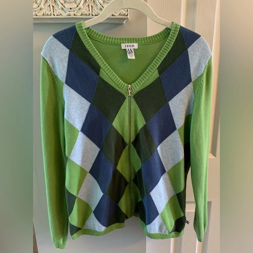 Izod 90’s Vintage Women's V-Neck Argyle Cardigan - Green and Blue